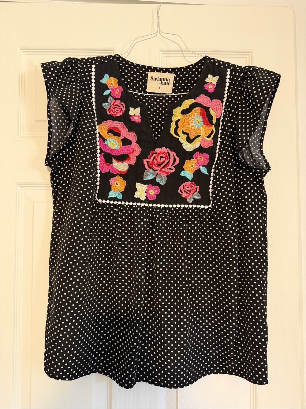 Savanna Jane Black Polka Dot Top with Colorful Floral Embroidery